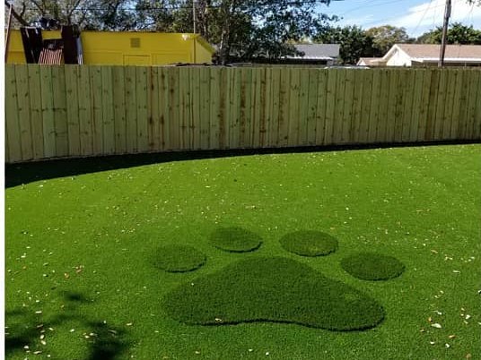 Pet turf yard with a paw print cut into the lawn