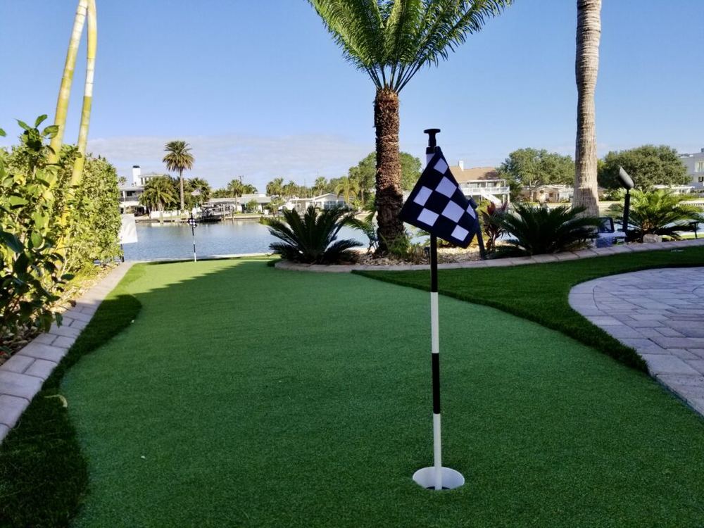 Backyard putting green with a checkered flag beside a canal and palm trees