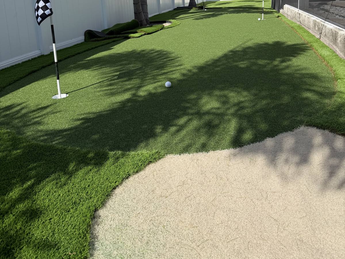 Backyard putting green with a checkered flag, a sand bunker and palm shadows across the turf